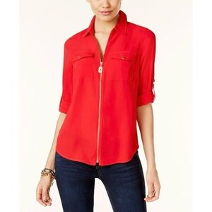 Michael Kors Gold Zip Blouse Womens Size Large Bright Coral Red